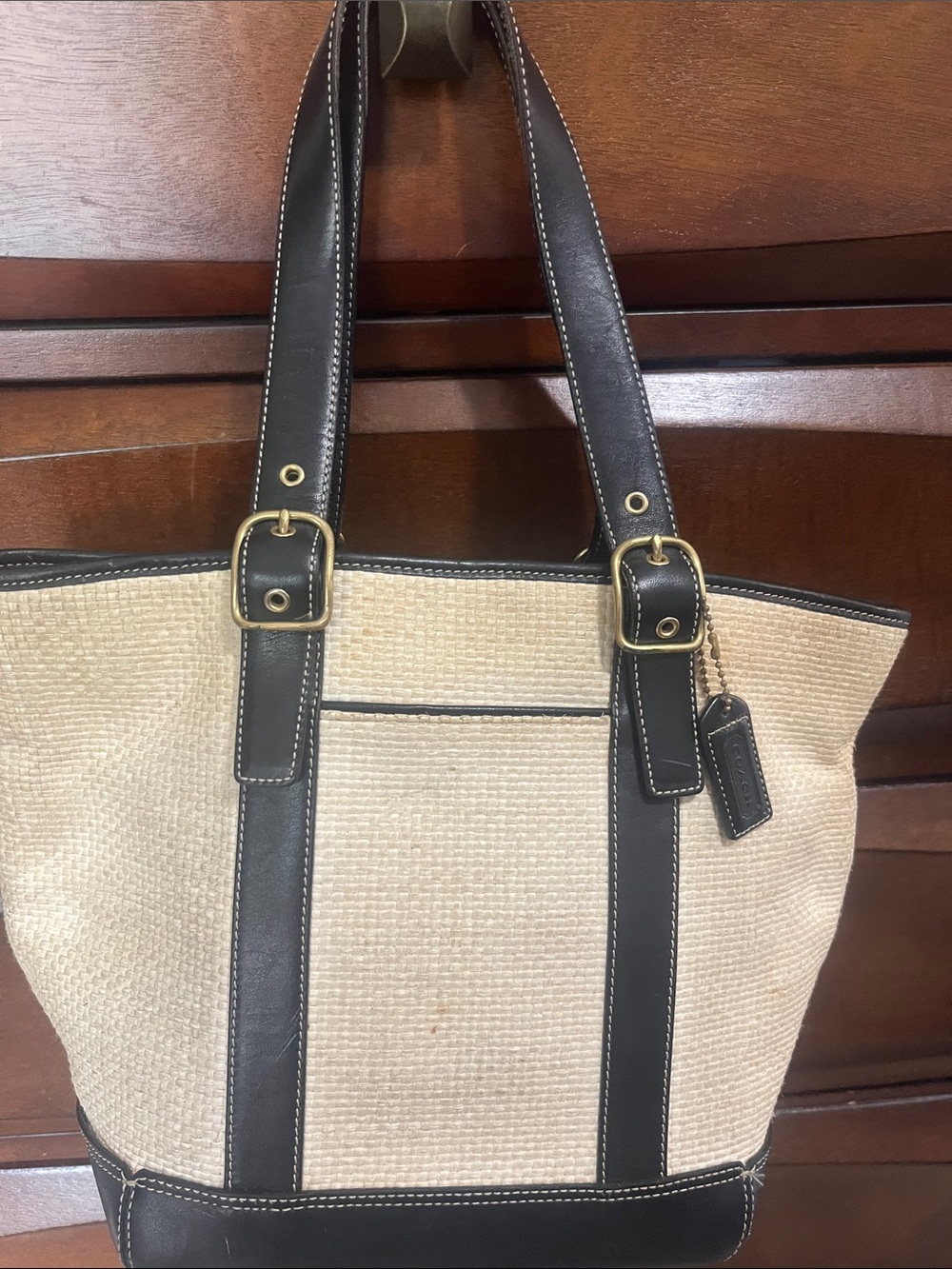 Women’s Beige Woven Tote Bag with Black Trim